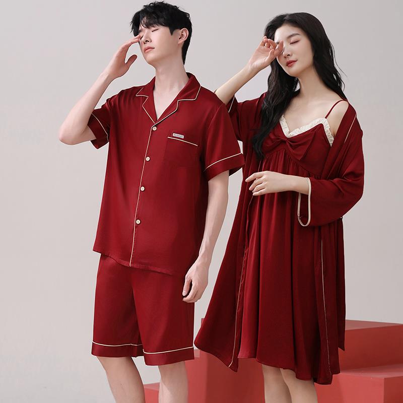 红色结婚睡衣女新娘晨袍新婚情侣2025新款冰丝吊带睡裙男套装夏季