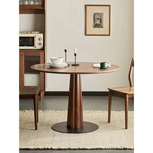 北欧实木圆形餐桌黑胡桃木圆桌北美简约休闲饭桌餐厅家具岩板圆桌