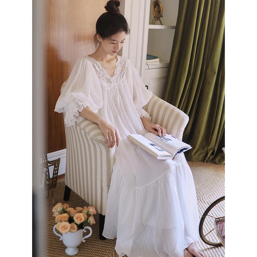 纯棉宫廷风睡裙女春季长袖甜美公主睡衣女法式长裙宽松大码家居服