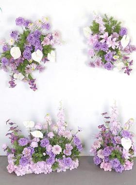 婚礼装饰紫色壁挂花艺 KT板墙面摄影背景布置彷真绢花挂花地排花