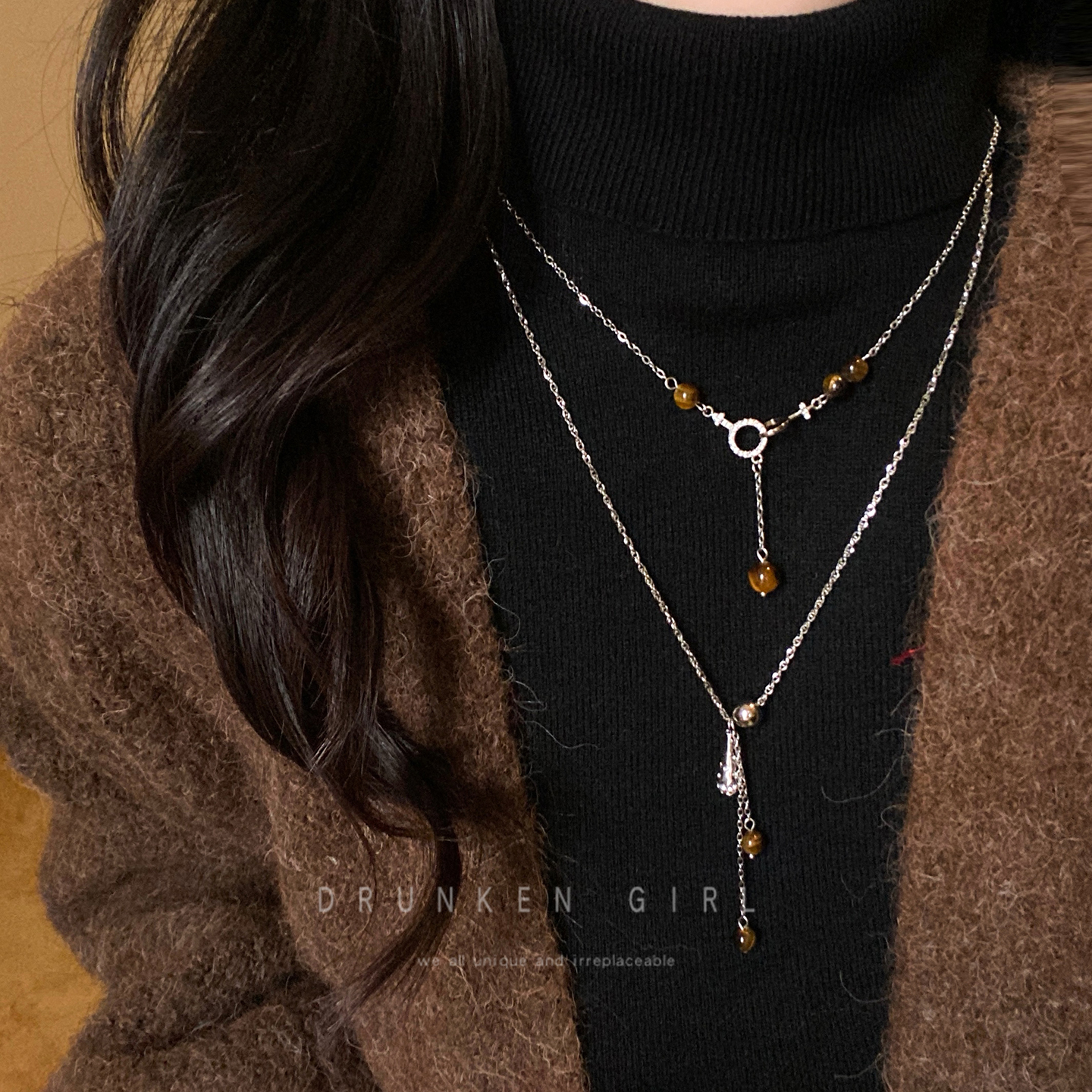 美拉德虎眼石流苏项链女秋冬