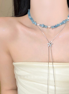 海边蓝色珍珠抽拉项链