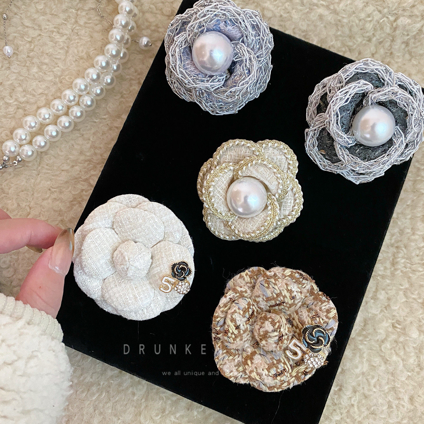 山茶花珍珠胸针女小香风轻奢