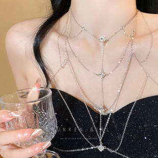 纯欲辣妹爆闪锆石流苏胸链女欧美风choker钛钢身体链大胸情趣颈链