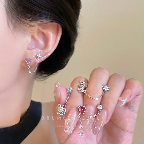 双耳洞链条钛钢耳骨钉耳链耳饰