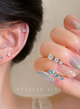 医用钛钢爆闪锆石耳骨钉女款精致小巧睡觉免摘耳钉养耳洞耳蜗耳饰