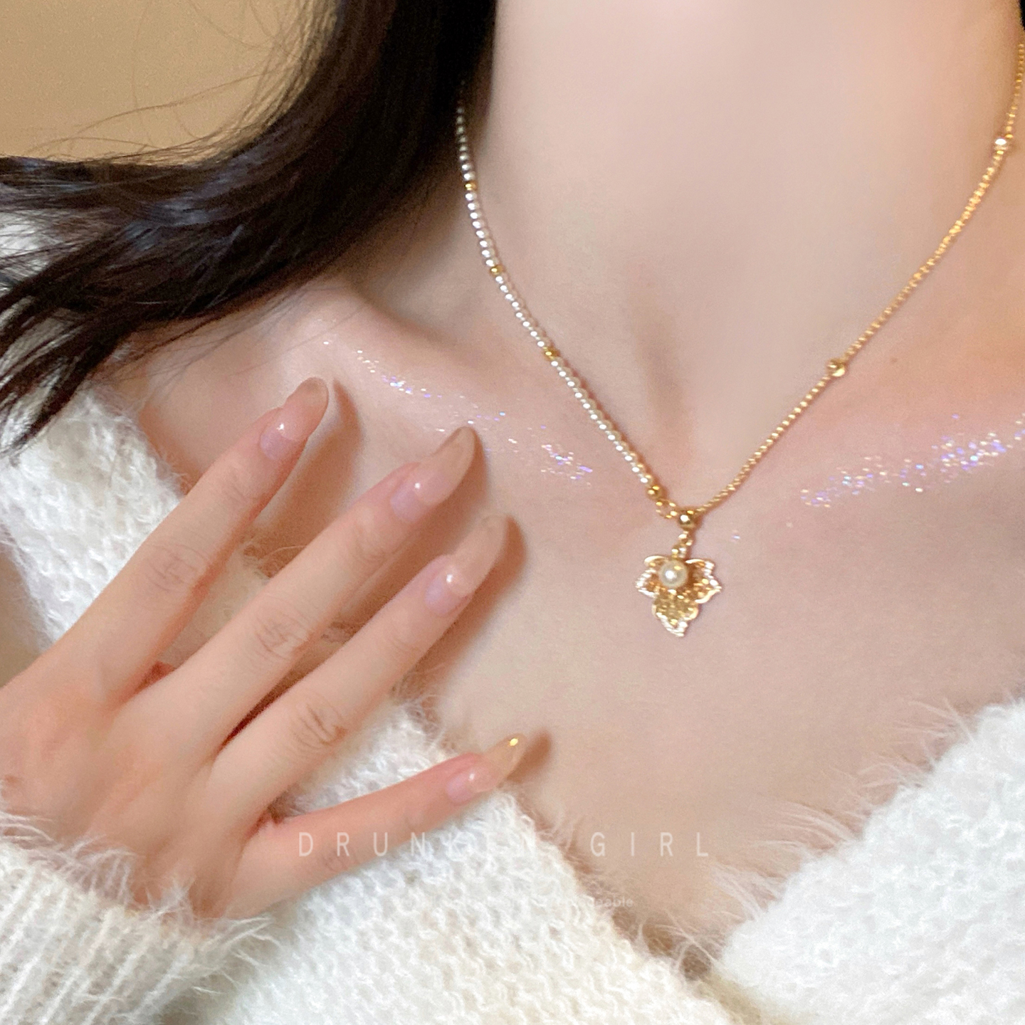 枫叶珍珠拼接项链女秋冬