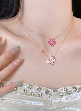 粉色四叶草蝴蝶轻奢高级感项链