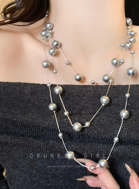高级感多层珍珠叠戴毛衣链女款
