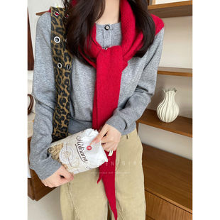 穿搭点缀 红色三角针织披肩女秋冬外搭坎肩围脖腰带配饰叠穿屁帘