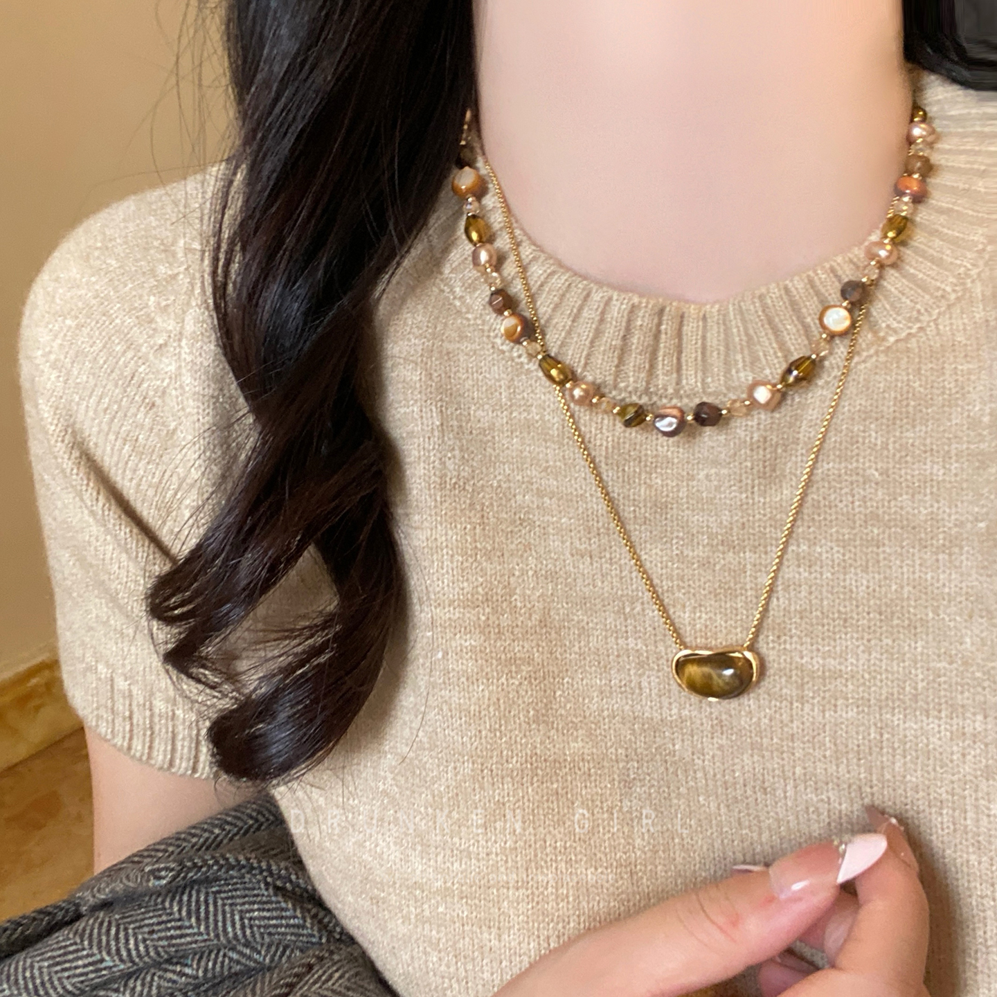 虎眼石豌豆吊坠项链女秋冬