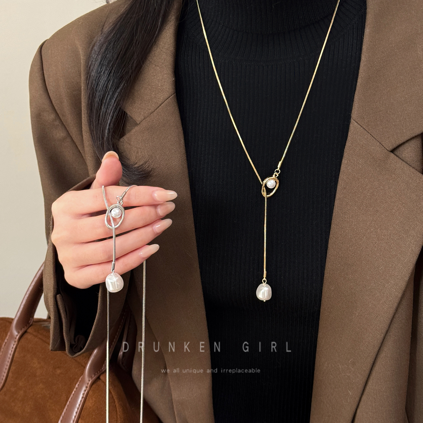 金色珍珠长款吊坠项链女