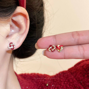 事事如意 微镶锆石红色同心结耳钉女秋冬925纯银精致小巧耳环耳饰