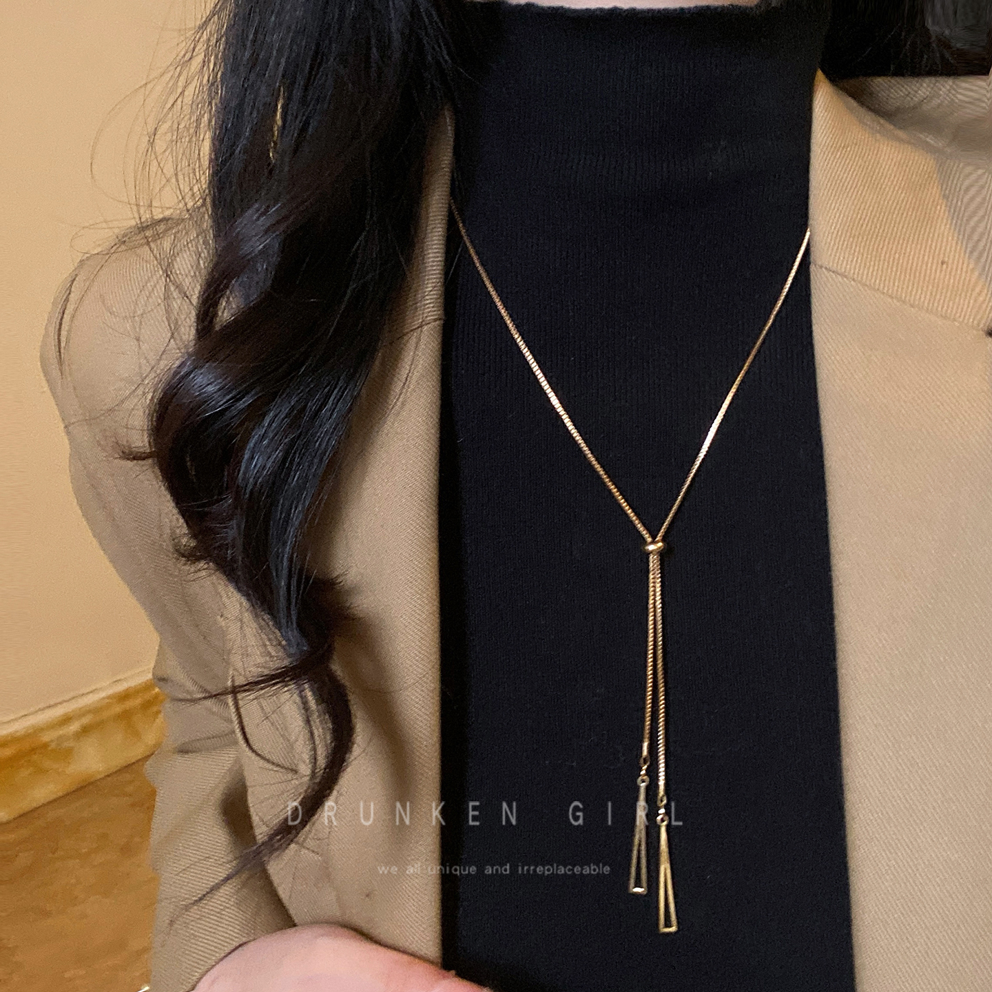 金色三角形流苏项链女款秋冬