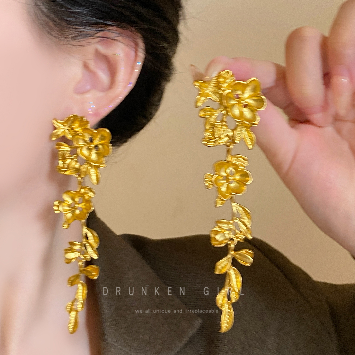 金色花朵流苏耳坠女秋冬