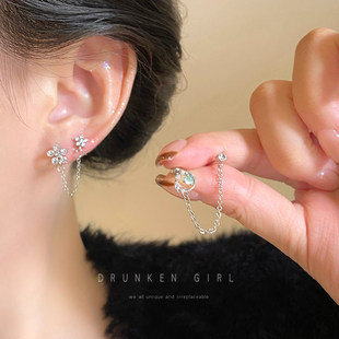 钛钢双耳洞链条流苏耳钉女一体式二孔耳骨钉耳链2026新款耳环耳饰