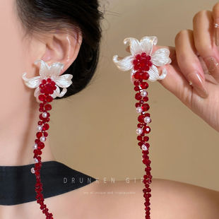 绛珠樱红 复古鸢尾花红色串珠耳环女小众个性夸张高级感颈链配饰