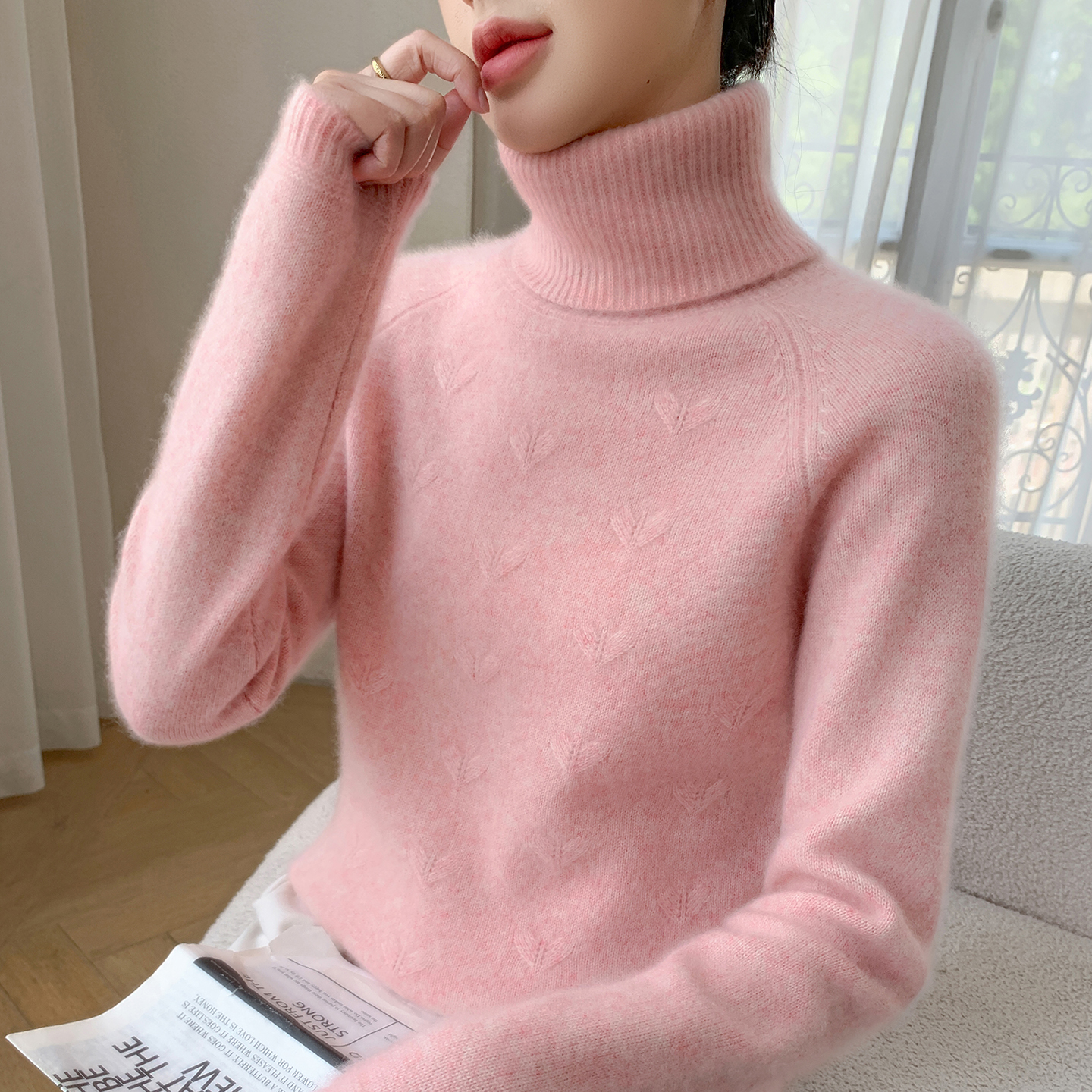 加厚爱心高翻领山羊绒衫女欧货
