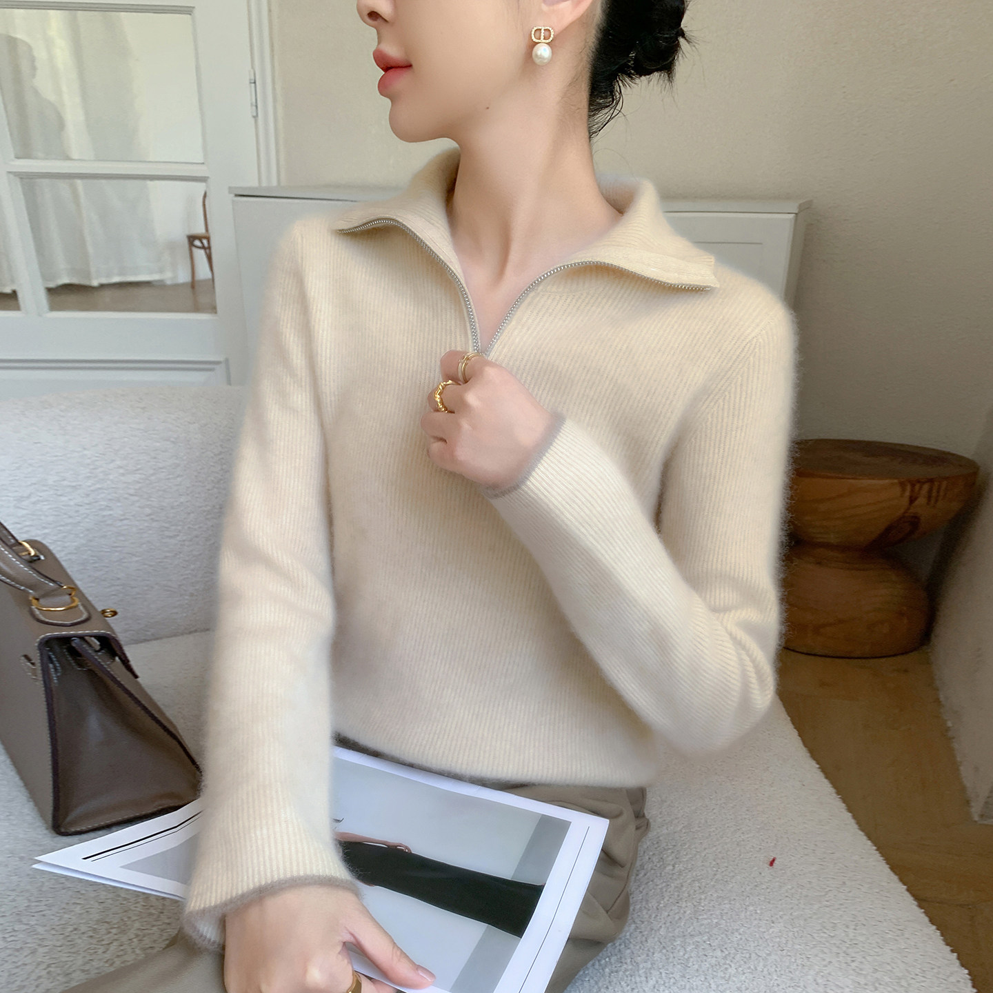 轻奢时尚半拉链翻领山羊绒衫女秋冬季宽松显瘦针织打底衫毛衣内搭,女装/女士精品,羊绒衫,淘宝优惠券,粉丝福利购,淘宝优惠卷