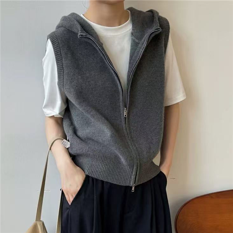 连帽拉链羊绒马甲女欧货叠穿宽松