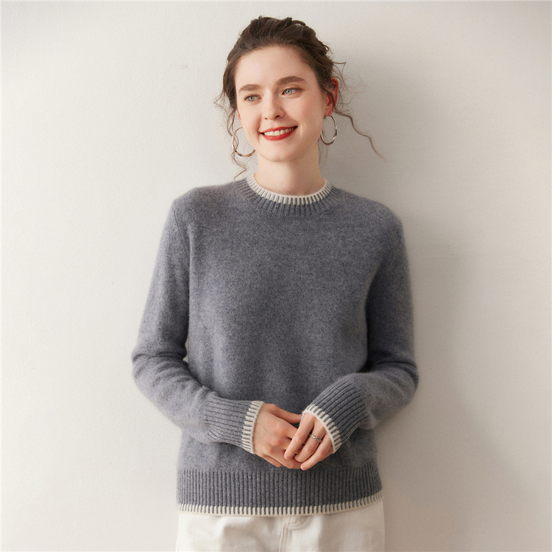 秋冬新款拼色圆领山羊绒衫女