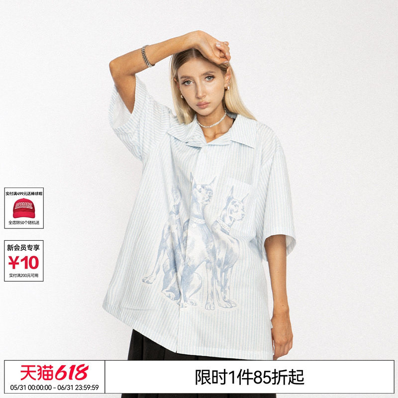李诞 十个勤天郭殿甲EMPTY REFERENCE蓝色条纹杜宾犬衬衫短袖衬衣