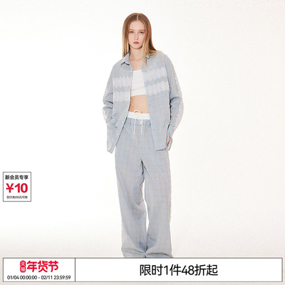 特惠6折起 EMPTY REFERENCE美式复古原创蕾丝拼接格纹休闲裤