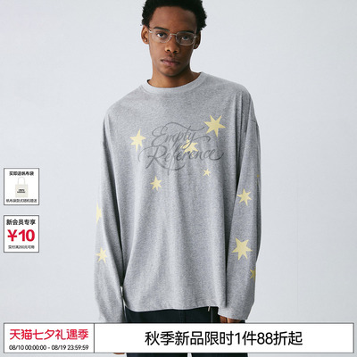EMPTY REFERENCE麻灰色手绘星夜字母印花上衣雪花棉宽松长袖T恤