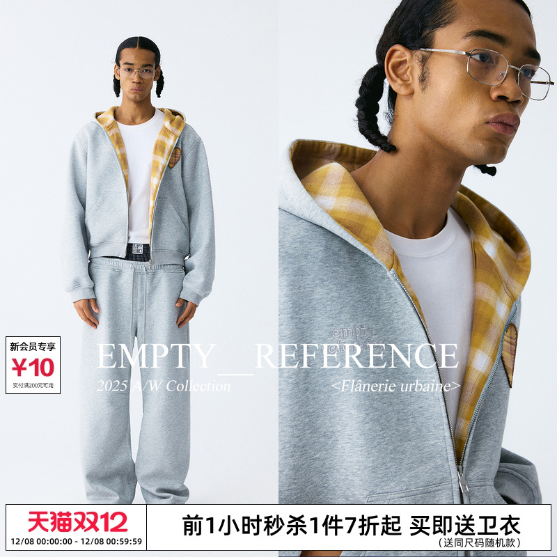 EMPTY REFERENCE麻灰格纹拼接刺绣宽松重磅长袖拉链开衫连帽卫衣