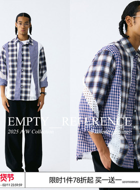 EMPTY REFERENCE结构分割肌理格纹蕾丝拼接宽松衬衣休闲长袖衬衫