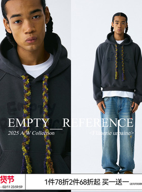 EMPTY REFERENCE碳灰结构分割编织抽绳短款宽松长袖重磅连帽卫衣