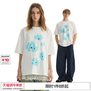 T恤 复古原创手绘蓝色花朵印花上衣圆领短袖 EMPTY REFERENCE美式