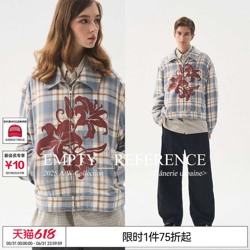 EMPTY REFERENCE 蓝棕格纹毛呢花朵印花宽松拉链翻领格子夹克外套