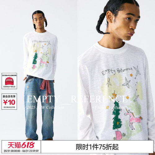 陈奕恒EMPTY REFERENCE纯棉竹节棉小马与圣诞树印花长袖T恤打底衫