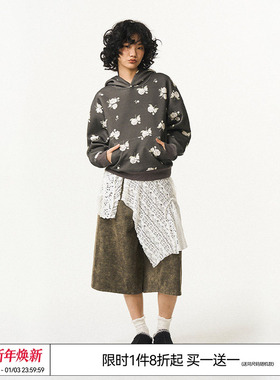 EMPTY REFERENCE美式复古原创玫瑰碎花休闲灰色长袖连帽卫衣