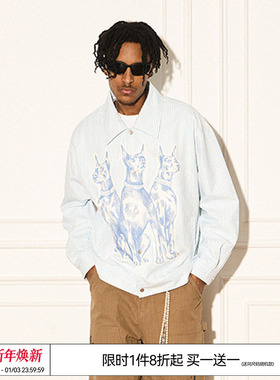 十个勤天 EMPTY REFERENCE 美式复古斑驳素描杜宾犬条纹夹克外套