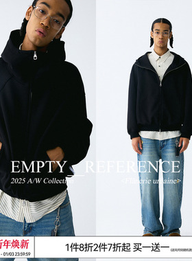 EMPTY REFERENCE黑色结构分割廓形宽松重磅拉链开衫外套连帽卫衣