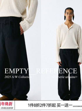 EMPTY REFERENCE黑色垂坠感弯刀廓形双腰带金属扣宽松休闲长裤