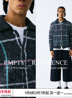 EMPTY REFERENCE羊毛斑驳质感复古格纹翻领重磅针织毛衣开衫外套