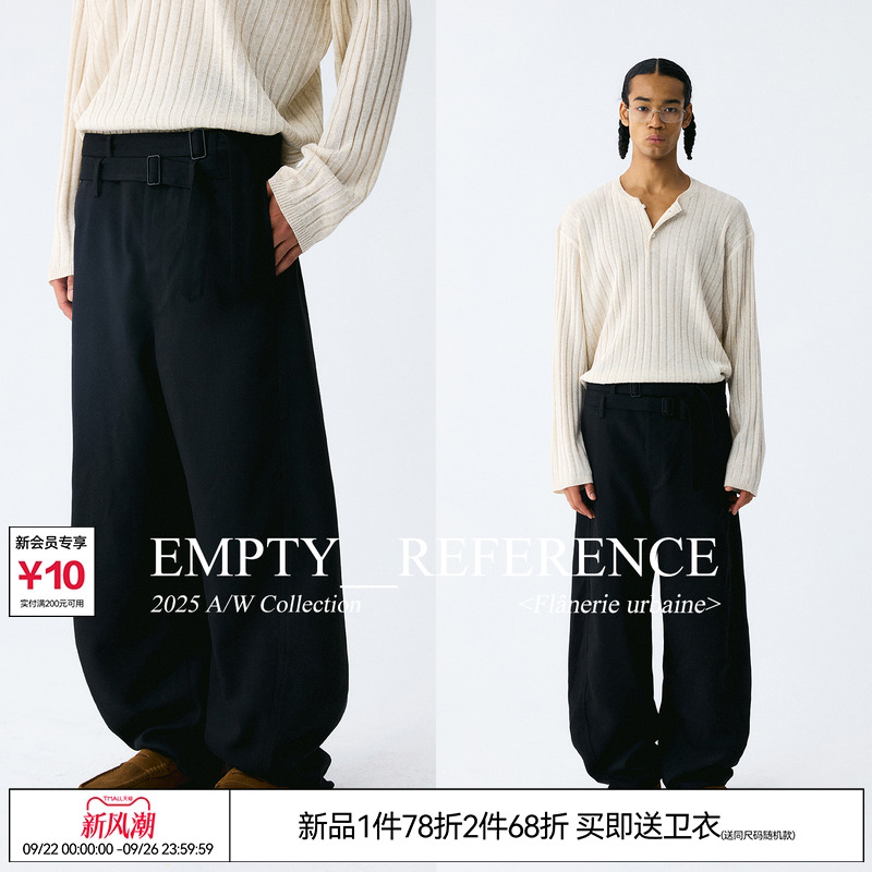 EMPTY REFERENCE黑色垂坠感弯刀廓形双腰带金属扣宽松休闲长裤