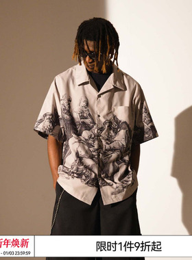 邓为 EMPTY REFERENCE原创设计咖色版画印花美式复古休闲短袖衬衫