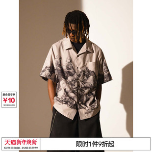 EMPTY 衬衫 REFERENCE原创设计咖色版 复古休闲短袖 画印花美式 邓为