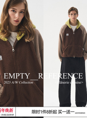 EMPTY REFERENCE 拼色插肩袖重磅宽松休闲拉链连帽羊羔绒夹克外套