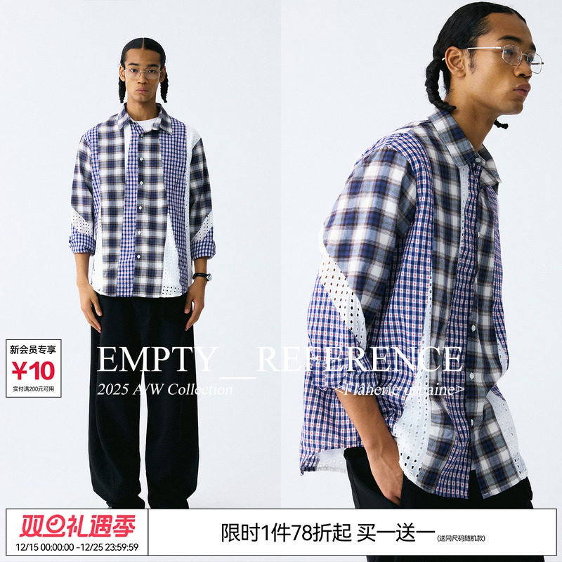 EMPTY REFERENCE结构分割肌理格纹蕾丝拼接宽松衬衣休闲长袖衬衫