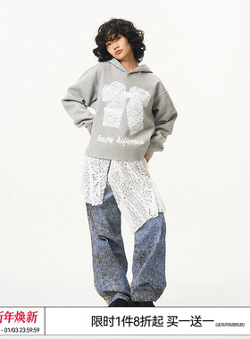 EMPTY REFERENCE美式复古原创无下摆蝴蝶结蕾丝印花长袖连帽卫衣