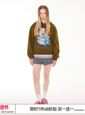 EMPTY REFERENCE美式复古原创手绘天使小熊印花连帽卫衣