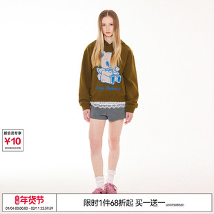 EMPTY REFERENCE美式复古原创手绘天使小熊印花连帽卫衣