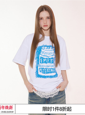 EMPTY REFERENCE慵懒复古手绘白色印花柔软亲肤宽松圆领短袖T恤