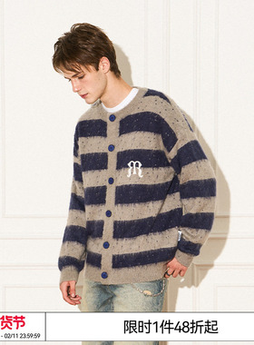 特惠7折 EMPTY REFERENCE蓝灰条纹刺绣马海毛羊毛开衫针织衫