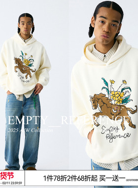 EMPTY REFERENCE小马与花朵手绘印花杏色宽松休闲重磅连帽卫衣